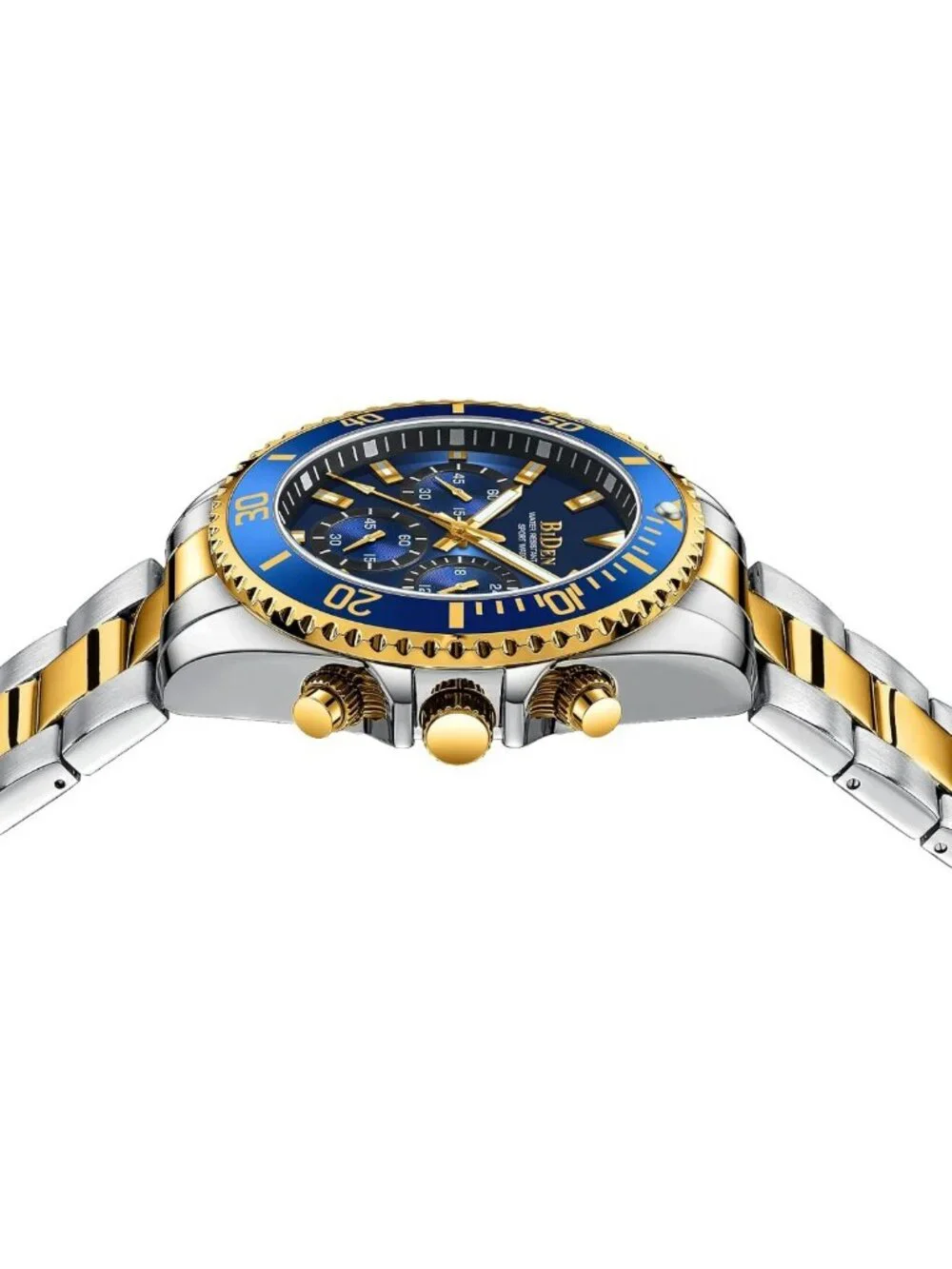 Stylish Men's Chronograph Watch - Gold & Blue Stainless Steel, Waterproof, Date